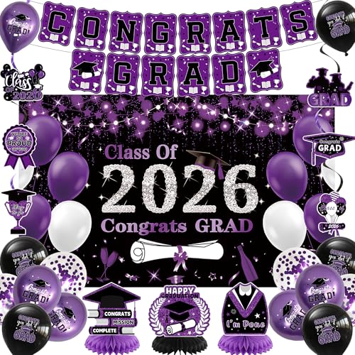 Image of DARUNAXY Black Purple Graduation Party Decorations, Purple Class of 2026 Graduation Banner, 2026 Congrats Grad Honeycomb Hanging Swirl Confetti Balloon Congratulations Graduates Party Supplies(25PC)