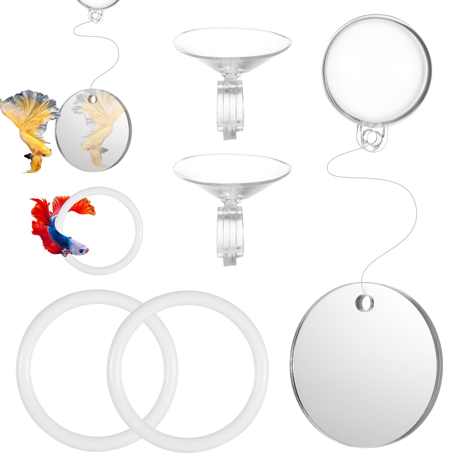 Photo 1 of 3Pcs Betta Fish Exercise Ring and Mirror Set 1 Mirror with Floating Ball 2 Exercise Training Rings Toy Betta Ring Enrichment Toys Floating Mirrors Balls Resting Spot Fishing Tank Accessories for Fish