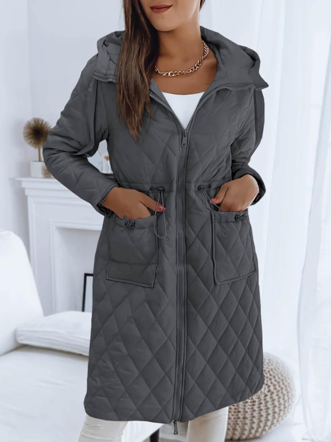 Imily Bela Womens Long Quilted Puffer Jacket Lightweight Zip Up Hooded Drawstring Winter Coats Outerwear with Pockets - Image 2