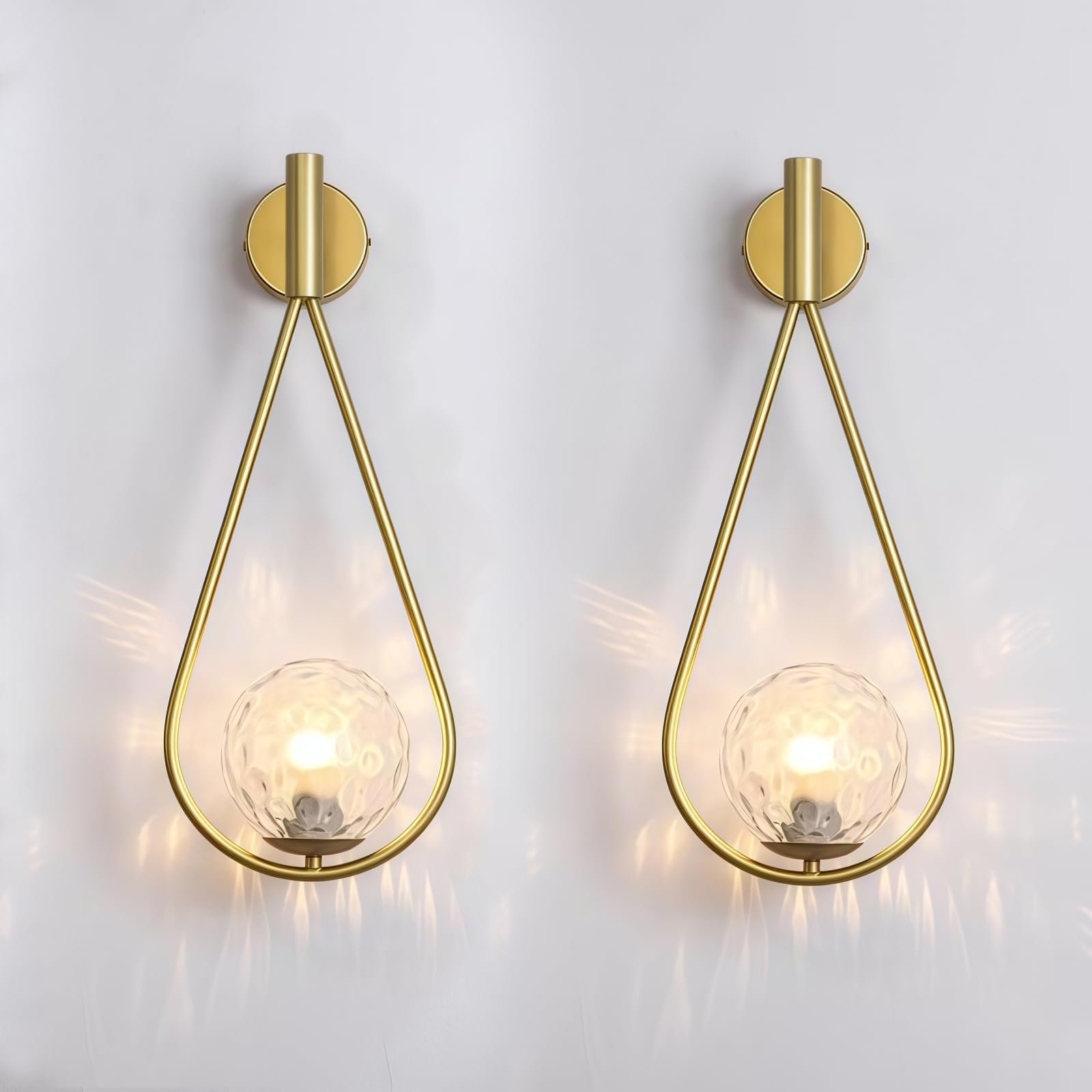 Gold Globe Wall Lights, 2PCS Iron Vintage Golden Milky Glass Globe Sconces, Indoor Waterdrop Shaped Sconces, Wall Lights for Living Room, Bedroom, Bathroom, Hallway, Stair (Gold F)