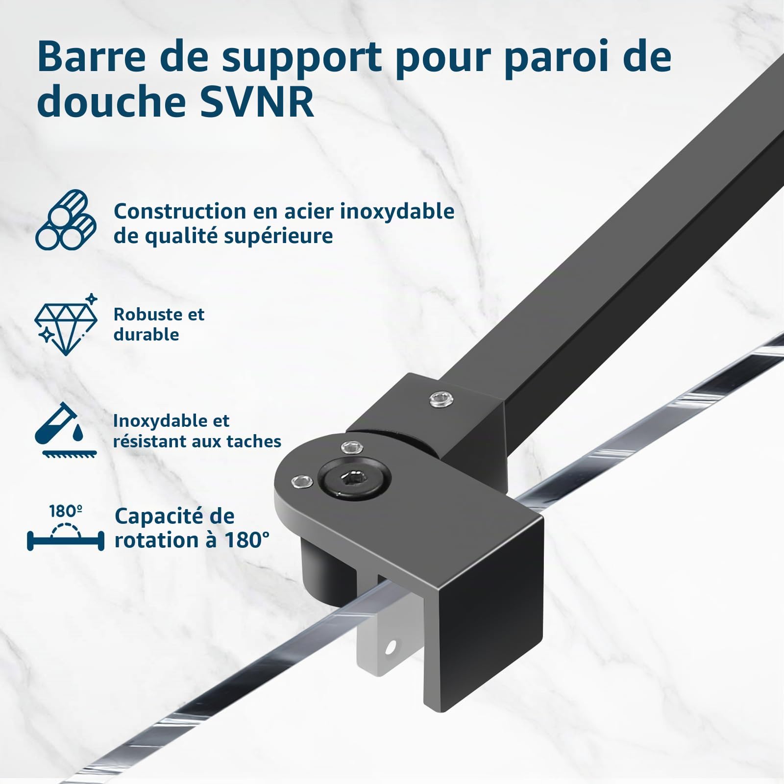 SVNR Barre de support pour écran de douche en acier inoxydable, 500 mm, rotative à 180°, épaisseur du verre de 6 à 10 mm (noir mat)