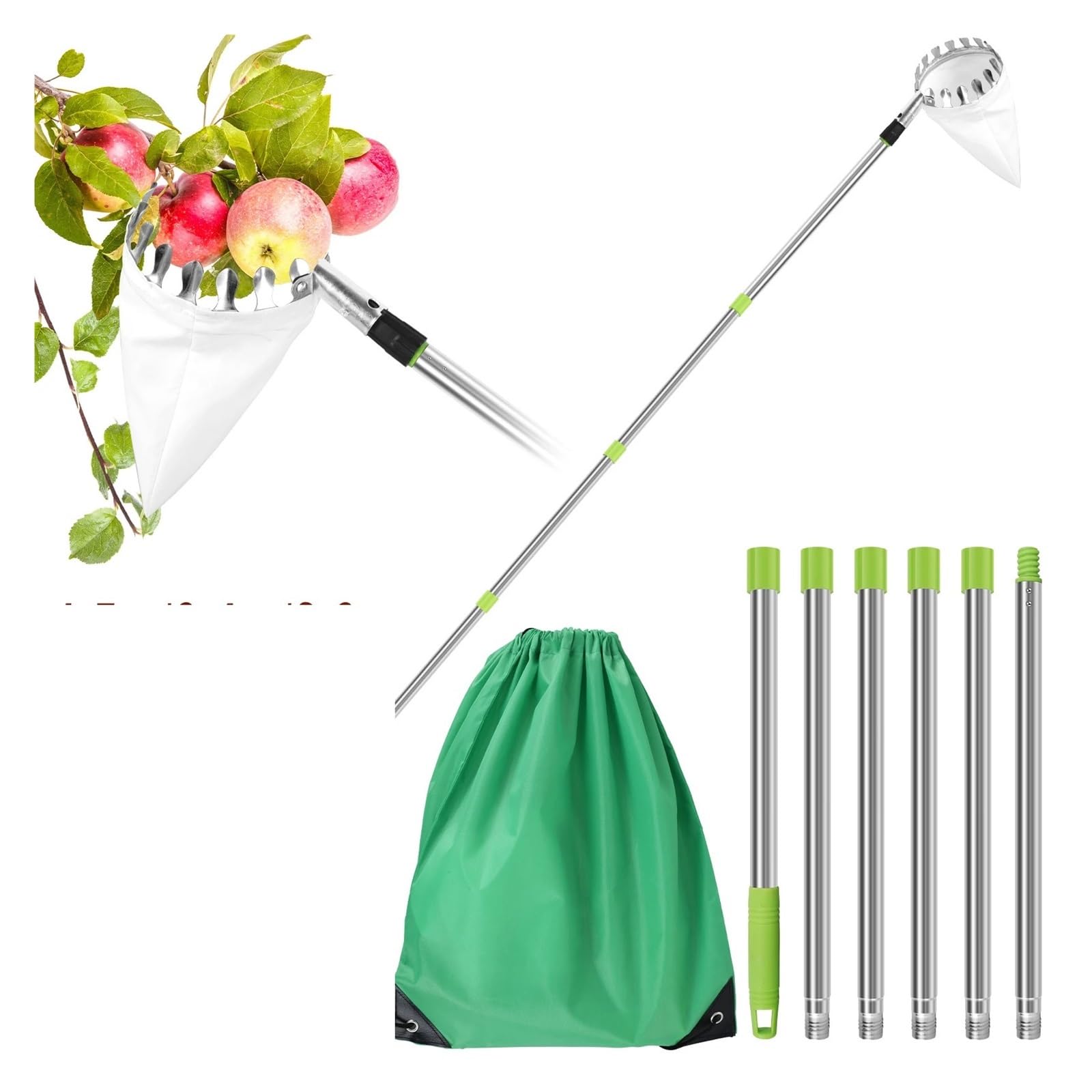 Cueille Fruit Telescopique Outil de cueillette Fruits en métal 3,2 m, Outil vergers Jardinage avec Sac Rangement(1.5M)