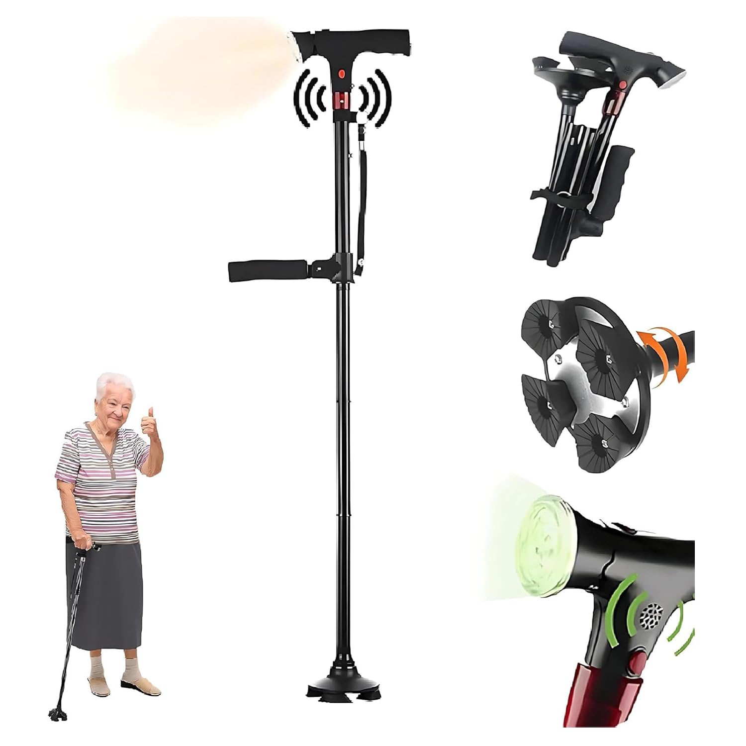 Laska do chodzenia dla mężczyzn i kobiet, 2025 nowe, regulowane wsparcie (34″ do 81 cm, laska do chodzenia, z alarmem świetlnym, składane podwójne uchwyty, lekka, antypoślizgowa podstawa, obsługuje 99