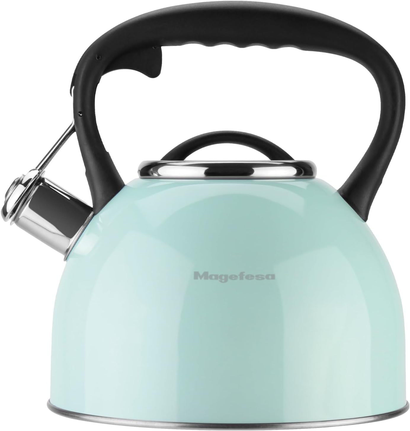 MAGEFESA Esmeralda Stainless Steel Whistling Tea Kettle, 2.9 Qts, Drip-Free Pouring System, Suitable for All Types of Stovetops Including Induction, Removable Lid for Easy Cleaning Teapot