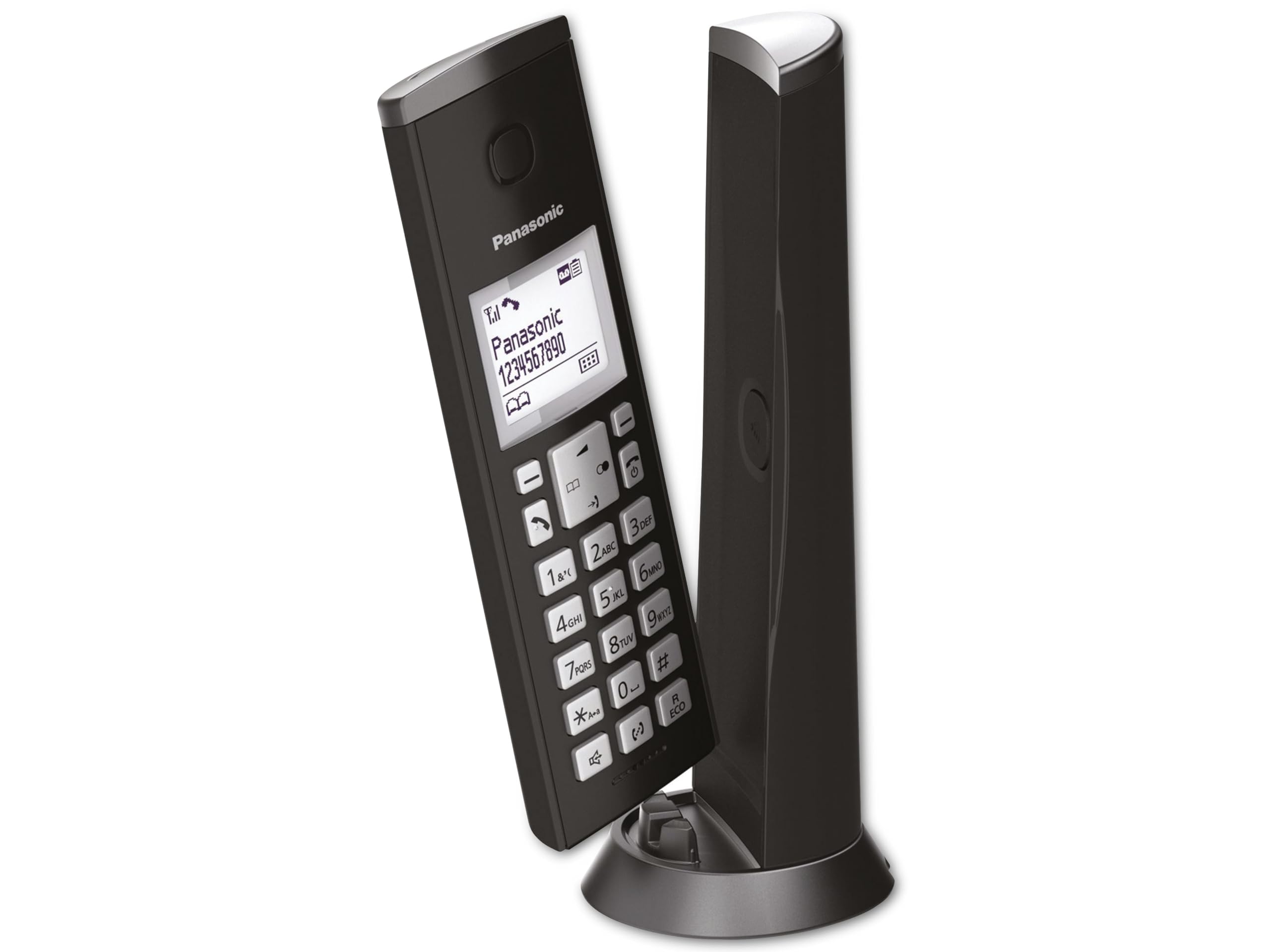 Panasonic KX-TGK220GB Design-Schnurlostelefon mit Anrufbeantworter, Station & Hörer, Freisprecheinrichtung, weißes LCD, Blockierung störender Anrufe, Hörer-Magnet, Schwarz