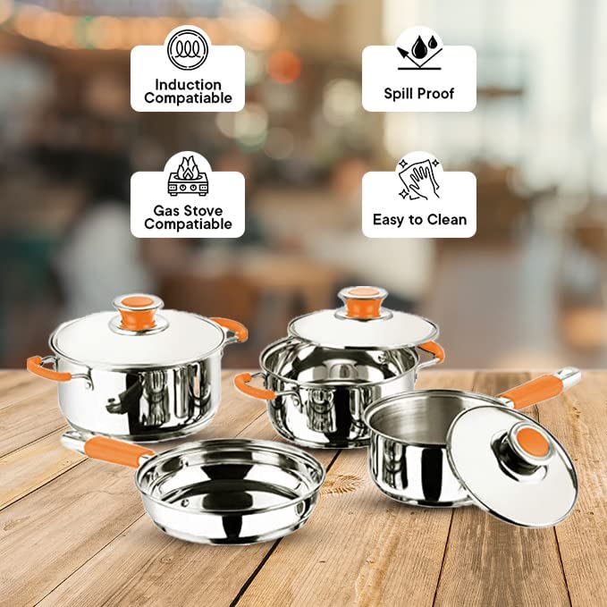 Image of Kuber Industries Set of 4 Stainless Steel Cookware Set I Induction Base Cookware I Saucepan (1.4 L), Kadai (2.0 L), Casserole (2.5 L), Frypan (1 L) and 3 Lids I Heavy Gauge Steel