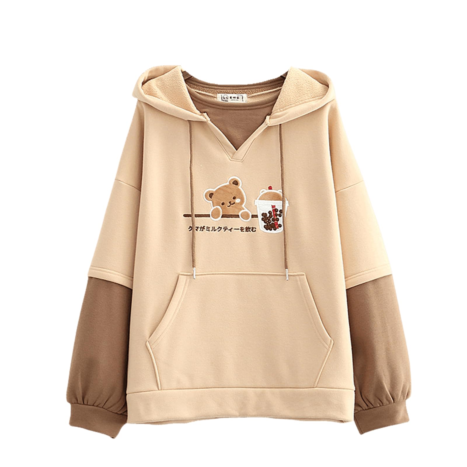 AobionoWomen Bear Kawaii Hoodie Boba Bubble Tea Anime Cute Aesthetic Japanese Cartoon Hooded Sweatshirt Long Sleeve Top