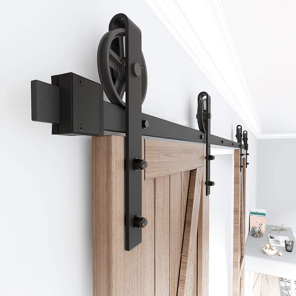 WINSOON 396cm Double porte quincaillerie pour les double portes coulissante | grange en bois antique roue de base à gros rayons noire Roller Kit Système de rail de support d'armoire de garage