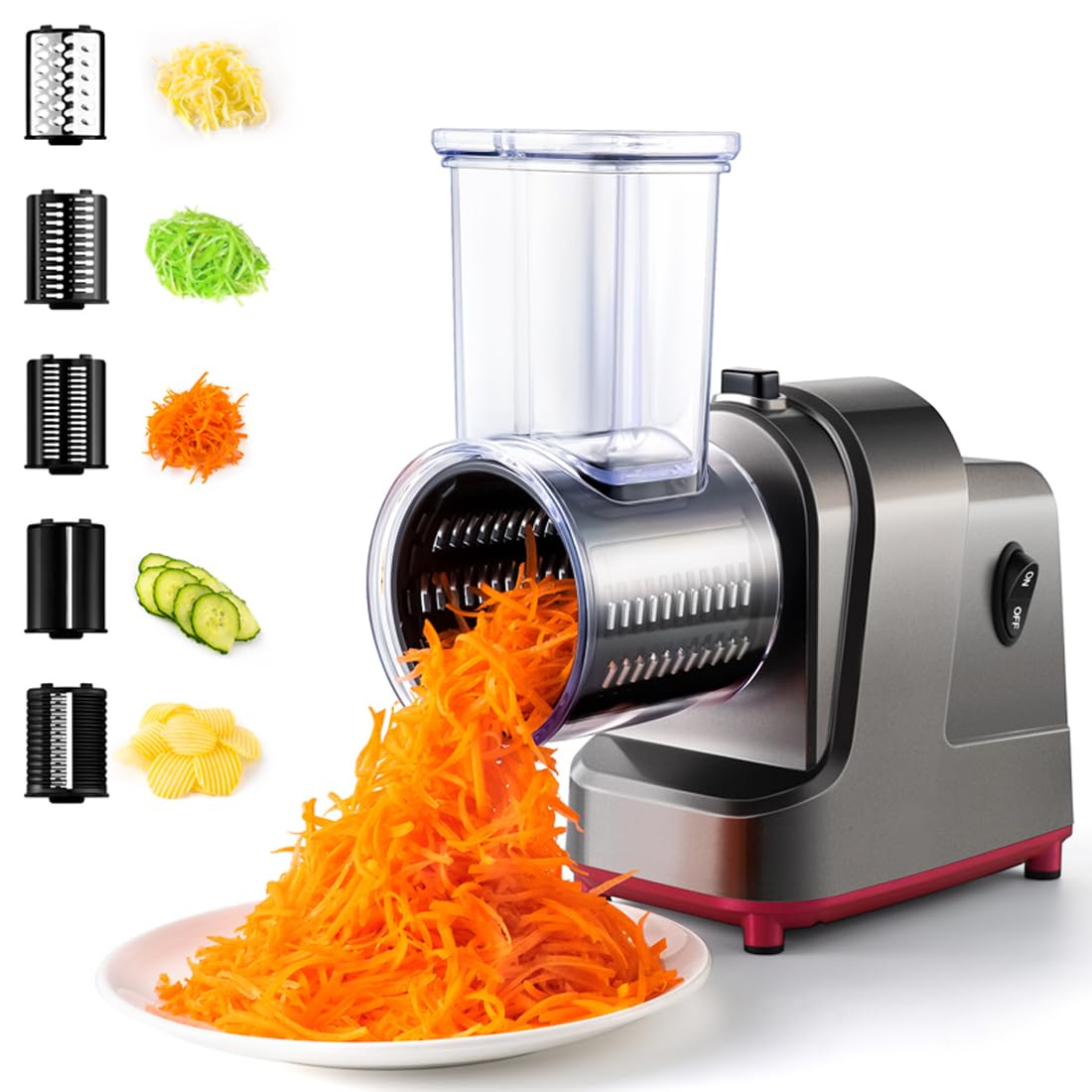 5 in 1 Grattugia elettrica per verdure, tagliaverdure da 250 W, tritatutto elettrico e affettatrice di verdure e grattugia per formaggio, per formaggio, carote, patate, cetrioli