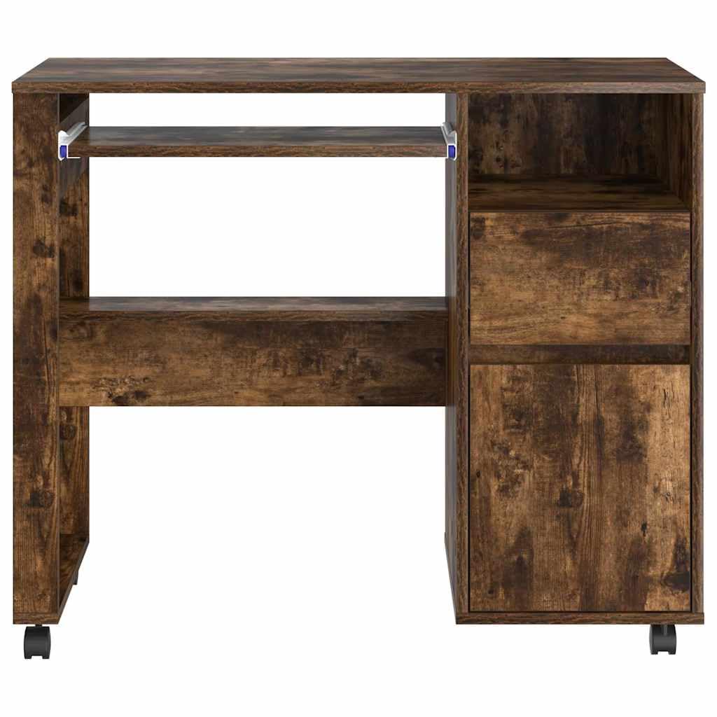 Mesa con ruedas y estante de roble ahumado, 91 x 50 x 77 cm, material de madera, despacho, oficina en casa, con cajón y espacio de almacenamiento, ideal como mesa de ordenador y mesa de trabajo