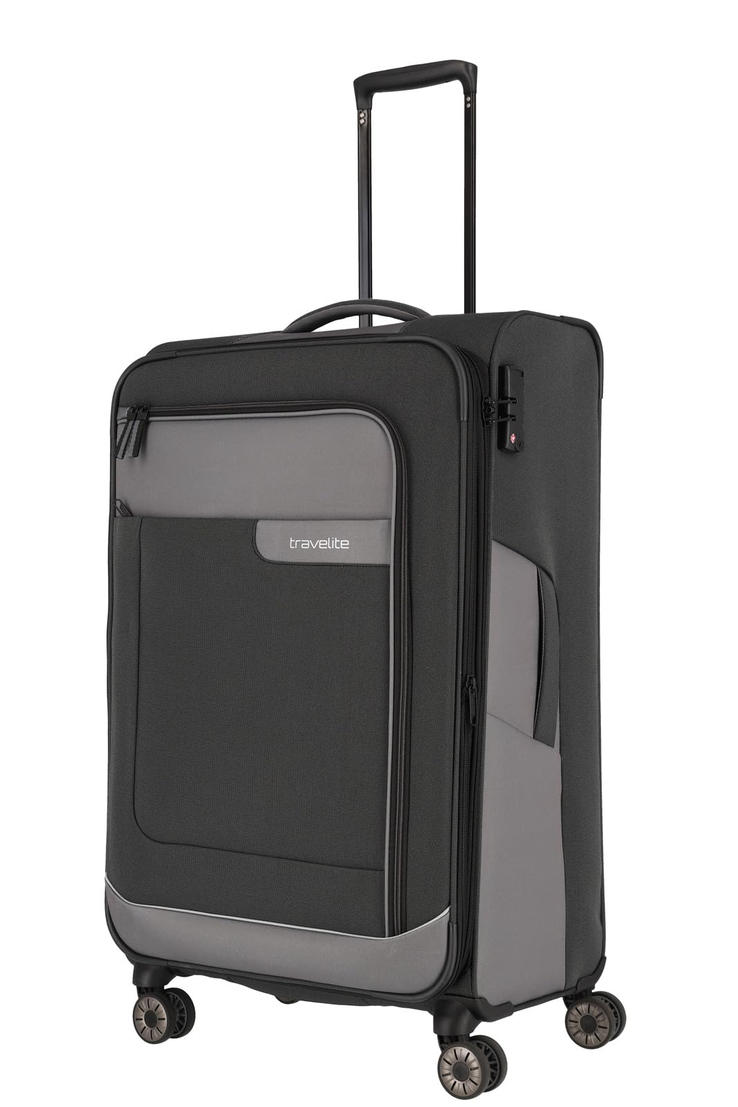 travelite 4-Wheel Suitcase Size L Soft Shell Made of Recycled Material, Luggage Series VIIA: Trolley with Expansion fold + Edge Protection, 77 cm, 91-103 liters