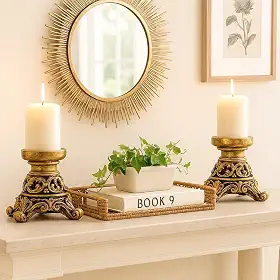 Castiçais Decorativos Conjunto de 2, Base Ornamentada Dourada, Estilo Barroco, para Velas Cilíndricas alto elegante para mesa de jantar decoração de vela de casamento