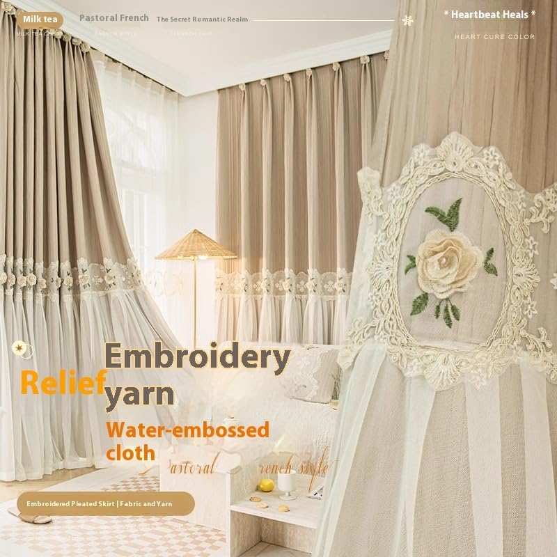 1PC Cloth and Yarn Integration Curtains,Home Curtains Blackout,Suitable for bedrooms and Living Rooms,Grommet Top,3D Relief Embroidered Flower (Milk Tea Color,51x98 Inch)