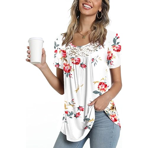 POPYOUNG Womens Summer Casual Short Sleeve Tunic Tops Ruffle Button Loose Blouse T-Shirts