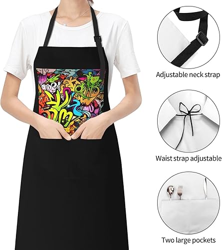 Miniatura 6 de Graffiti Drawing Aprons for Women with 2 Pockets, Kitchen Cooking Apron for Men, Water and Oil Resistant, Adjustable Bib Apron Extra Long Work