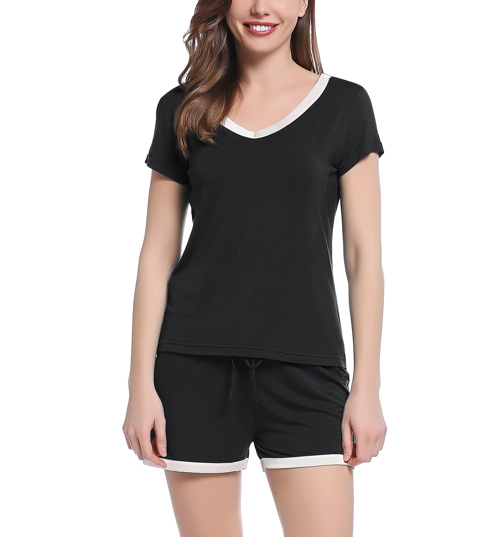 Amorbella Ladies Breathable Pyjamas Loose Soft Jammies Viscose Made from Bamboo Cozy Stretchy Pajama Set Menopause Moisture Wicking (Black,XXL)