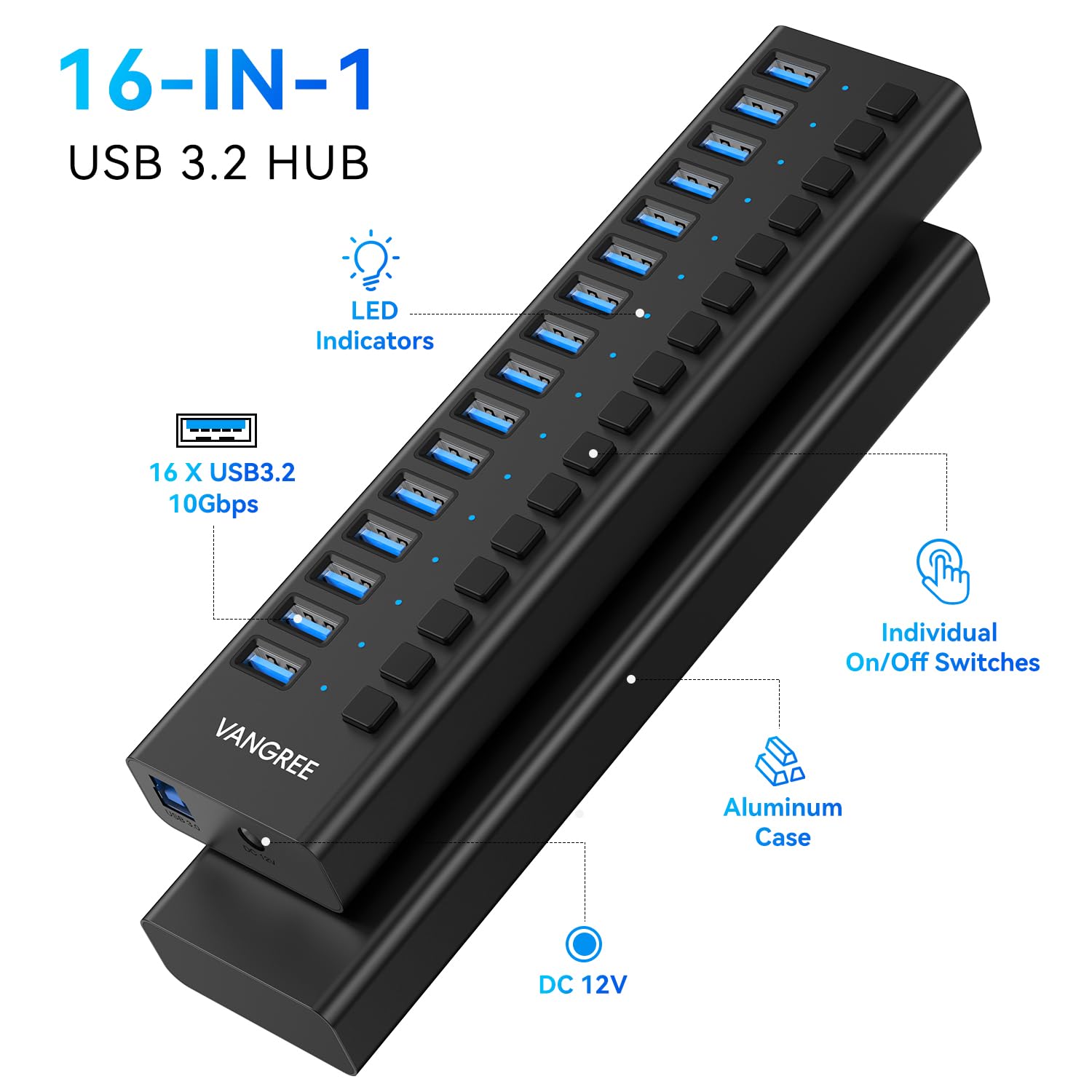 Hub USB 10 Gb/s, 16 portów 96 W, koncentrator USB 3.2, indywidualne przełączniki on/off, adapter zasilania 12 V/8 A, rozdzielacz USB 3.2 do laptopa, komputera, przenośnego dysku twardego, dysku Flash