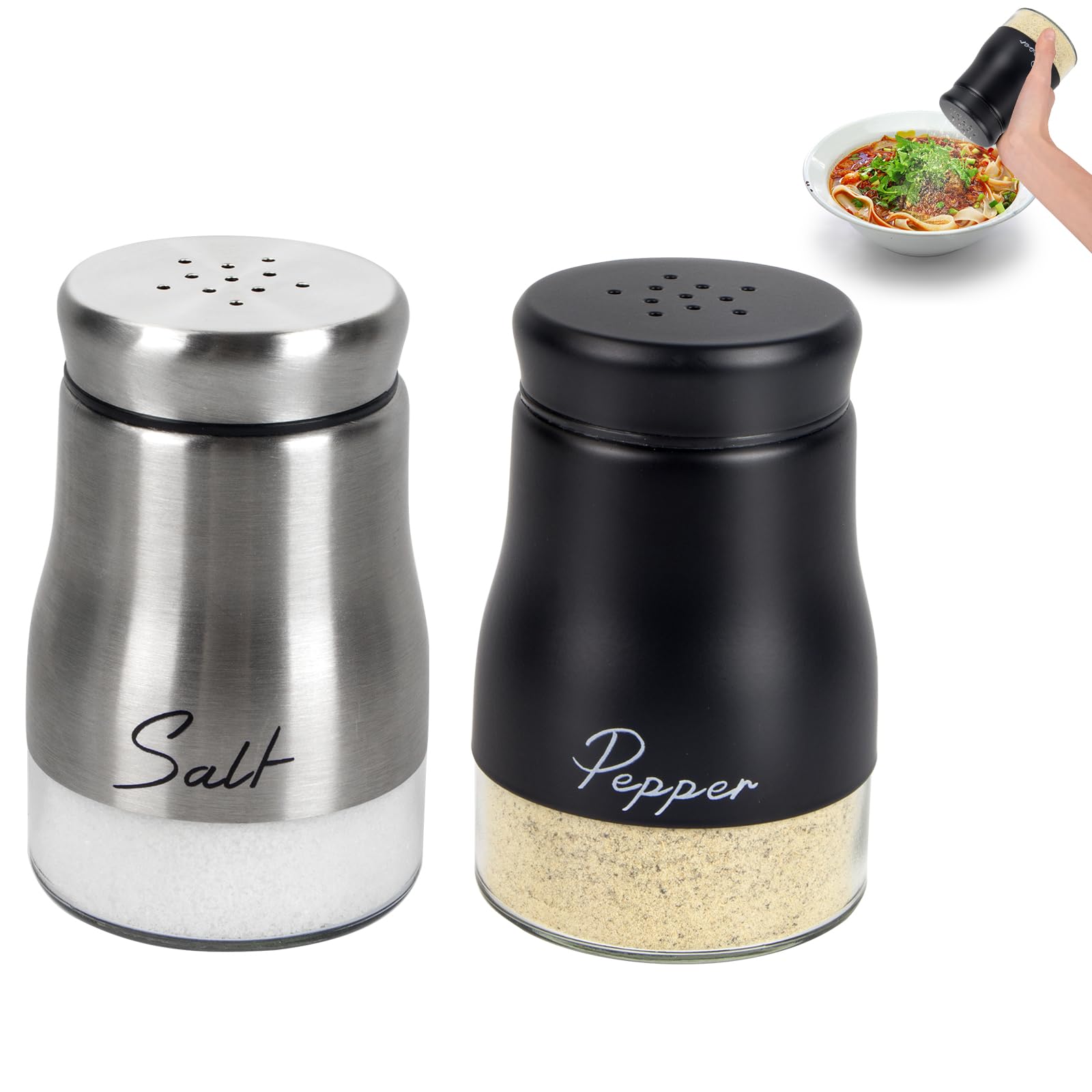 2Packs Salt and Pepper Shakers Ninonly Small Salt and Pepper Pots with Glass Bottle and Stainless Steel Lid Spice Dispenser Shaker for Home,Kitchen, Restaurant, Dining Table