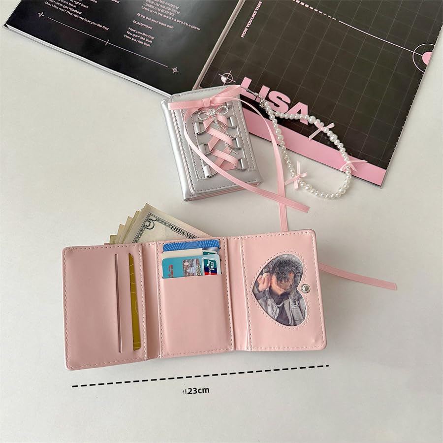 Small Wallet for Women Balletcore Cute Y2K Tri-fold Vintage Wallet Rhinestones Bow Goth Purse Leather Cash Card Holder3