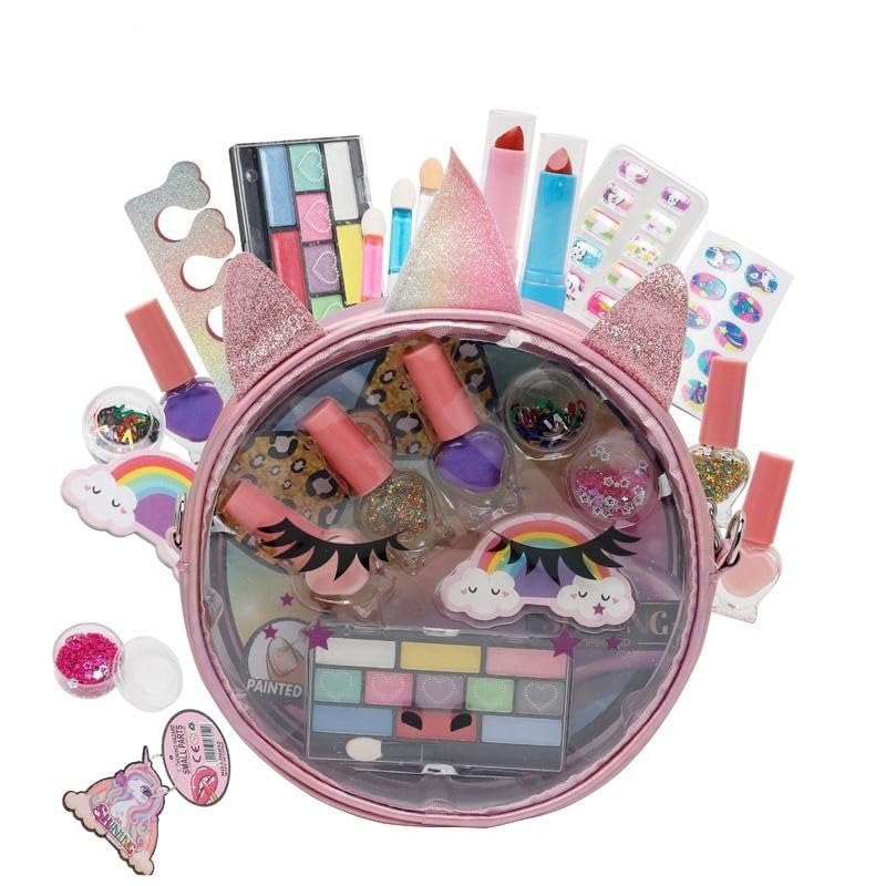 Unicorn Real Cosmetic Kids Makeup Kit with Sling Bag 2 in 1 for Girls Kids Play Washable Makeup Set Lip Gloss Nail Paint Nail Buffer Eye Shadow Palette with Brush for Girls