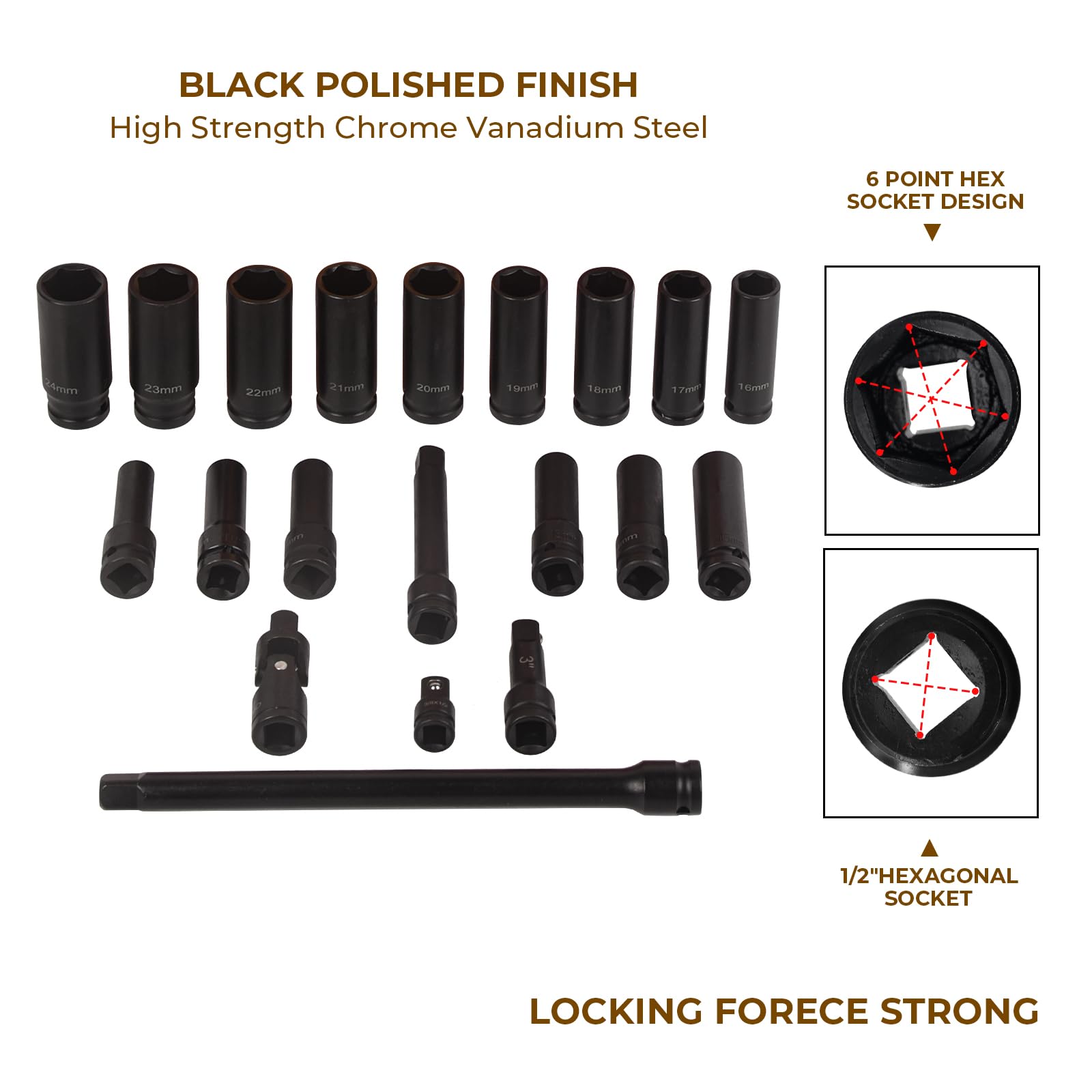 Jeu de douilles à choc profondes de 1,3 cm, 20 pièces de douilles métriques (10 mm-24 mm), comprend des barres d'extension de 7,6 cm, 12,7 cm, 25,4 cm, en acier au chrome vanadium à 6 points
