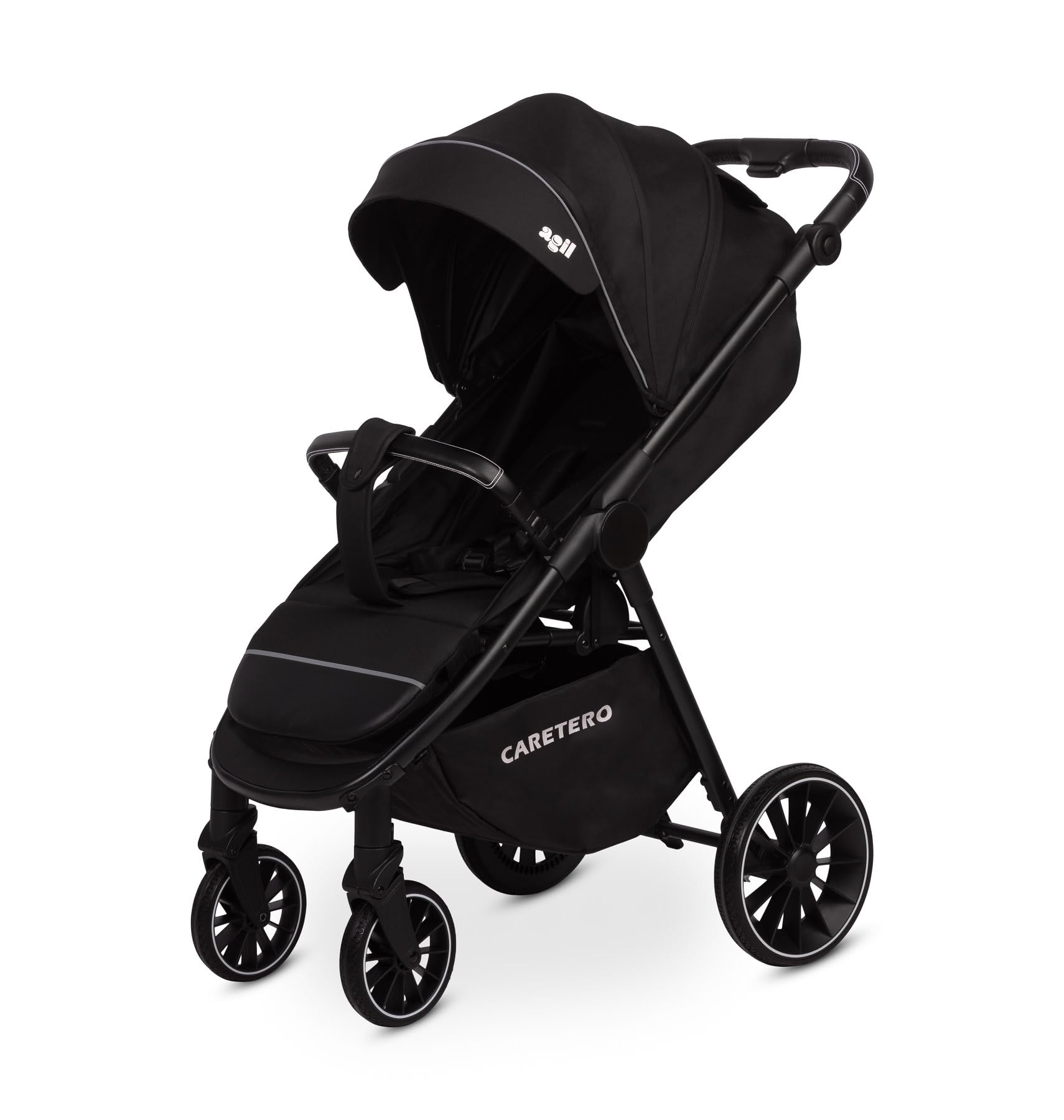 CARETERO - Agil Wózek Spacerowy – Lekki z Regulowanym Siedzeniem, Daszkiem i Schowkiem – Podróżny z Pasami Bezpieczeństwa, Regulowaną Rączką – Kolor Czarny