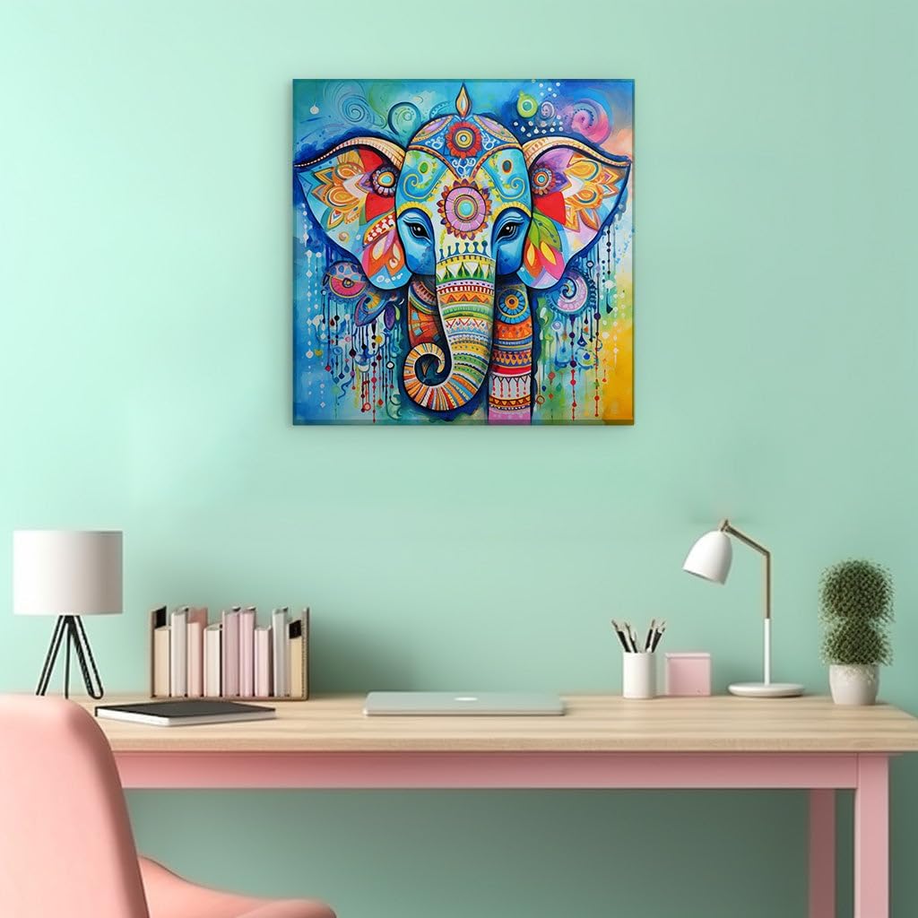 Canvas for Living room. A Tapestry of Color: The Vibrant Elephant Mosaic Against a Serene Blue Canvas, 27 x 18 inch Canvas Wall Art - Ready to Hang - 69x46 cm (27x18 inch)
