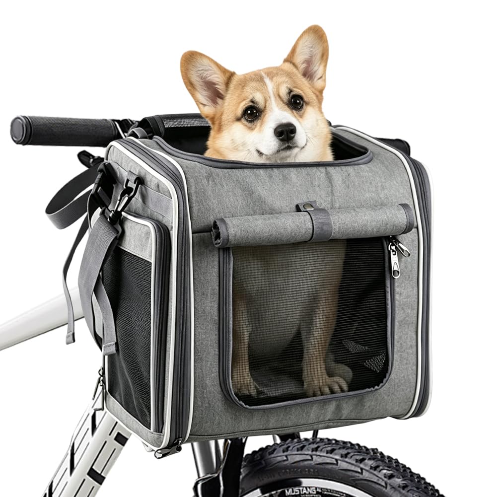 Panier de vélo avant pour chien extensible et pliable avec 4 portes et fenêtres en maille, jusqu'à 10 kg