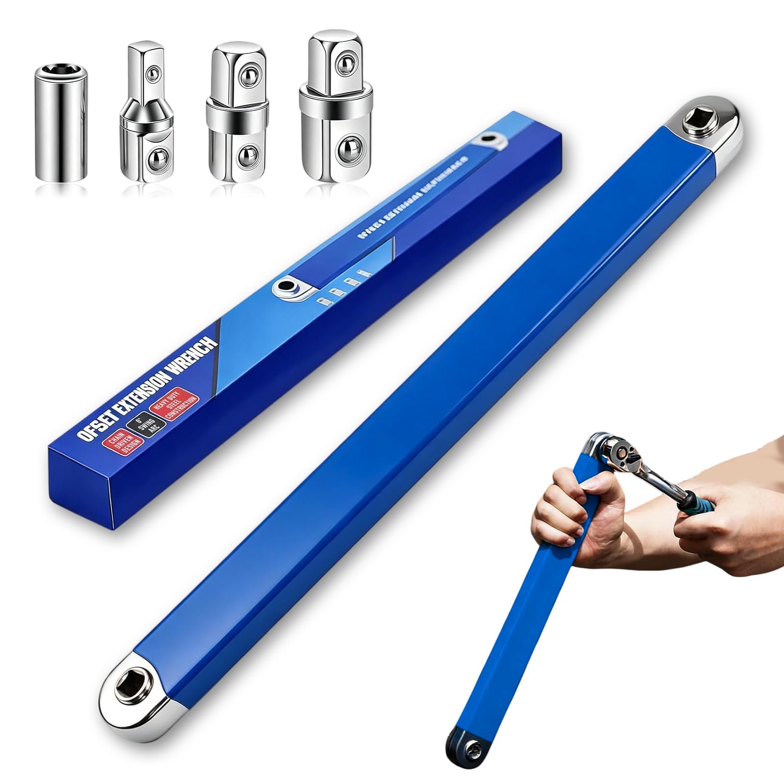 Extensión de Carraca de 39 cm con 4 Adaptadores de 1/4", 3/8" y 1/2", Barra de Extensión Offset Resistente a Impactos para Espacios Reducidos y Tornillos Atascados