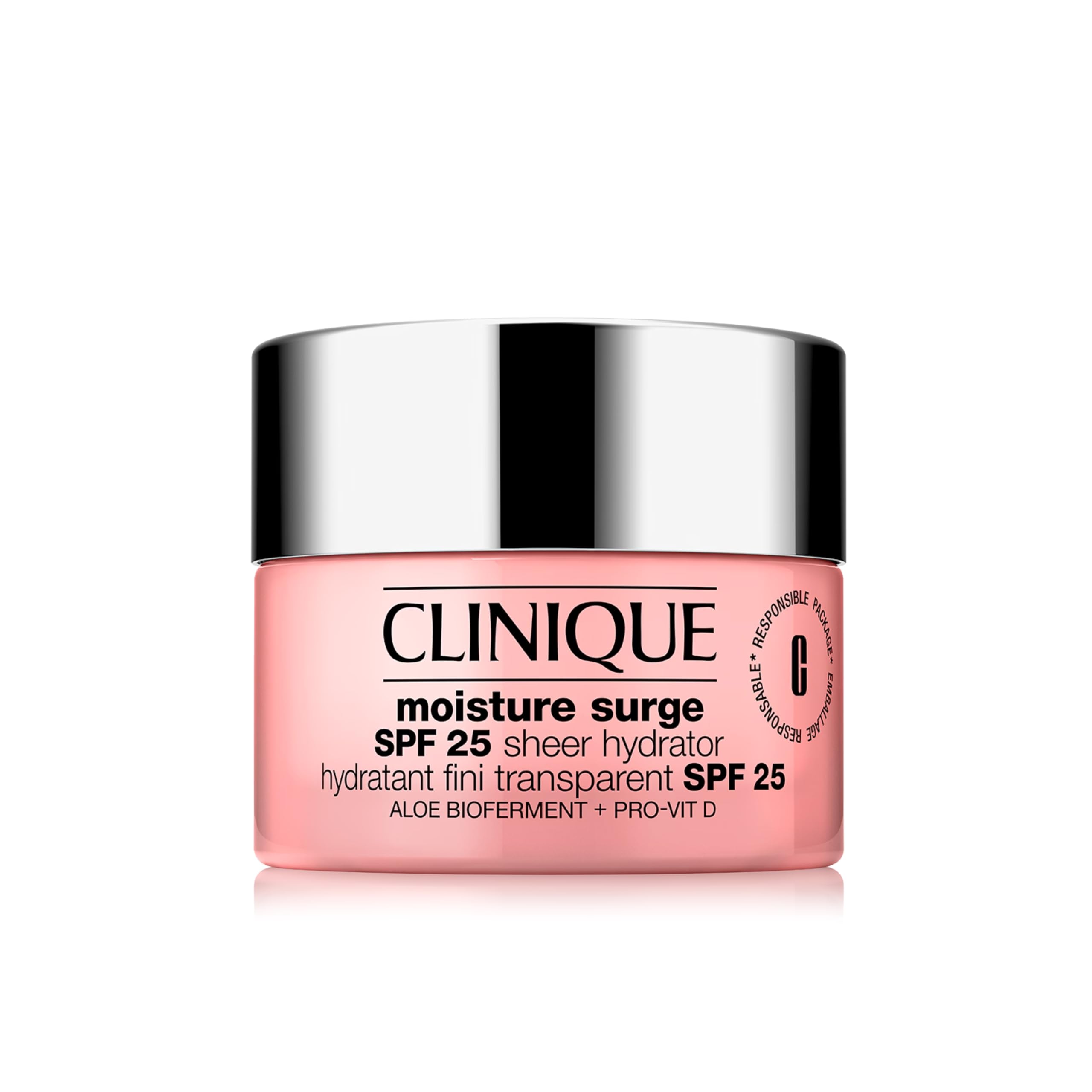 Clinique Moisture Surge Hydratant Fini Transparent SPF 25. Acide Hyaluronique + Bio-Ferment d'Aloe Vera + Provitamine D. Hydratant + Éclat. Convient aux peaux sensibles.