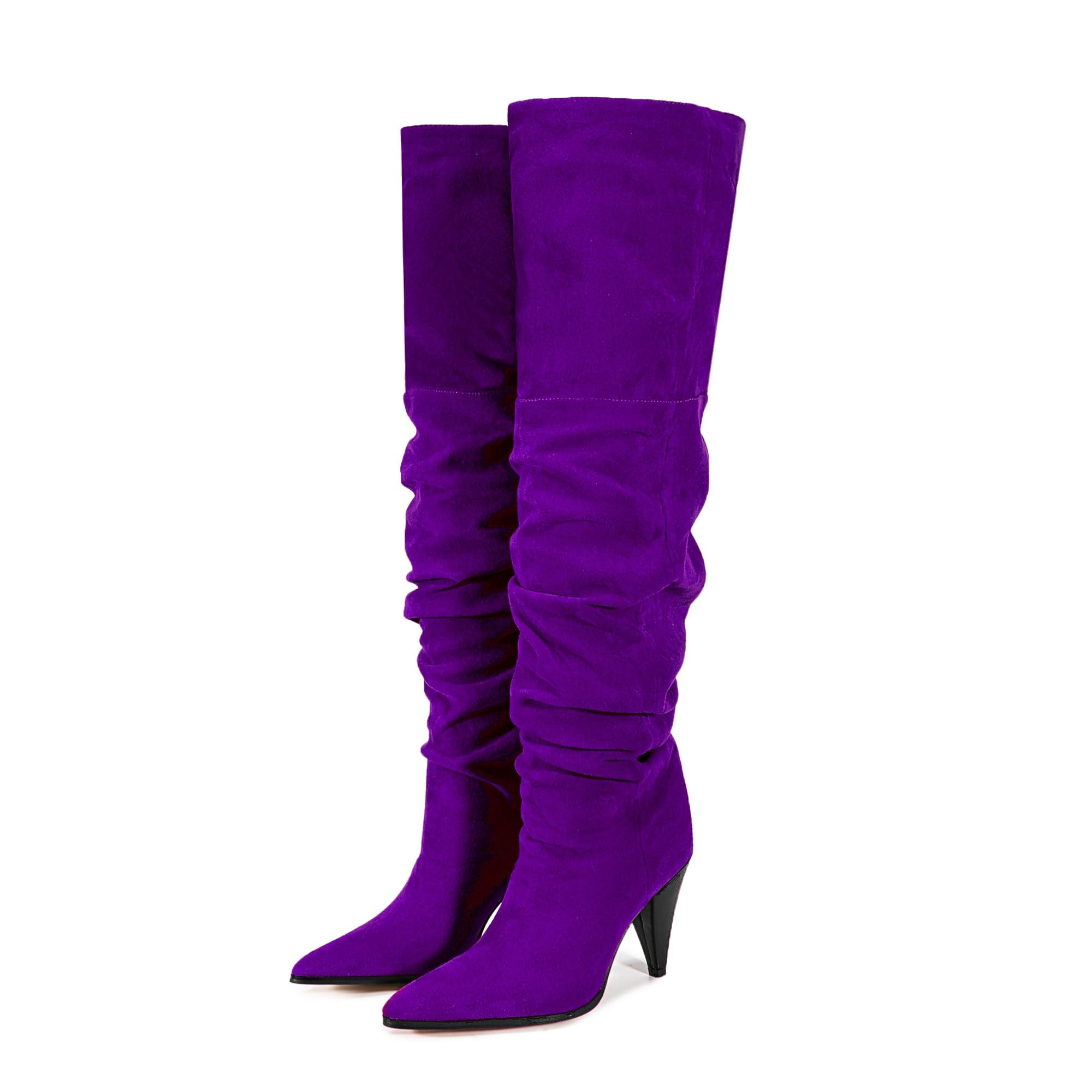 sexytag Slouchy Thigh High Boots Pointed Toe Chunky Heel Boots for Women Wide Calf Cone Heel Pull on
