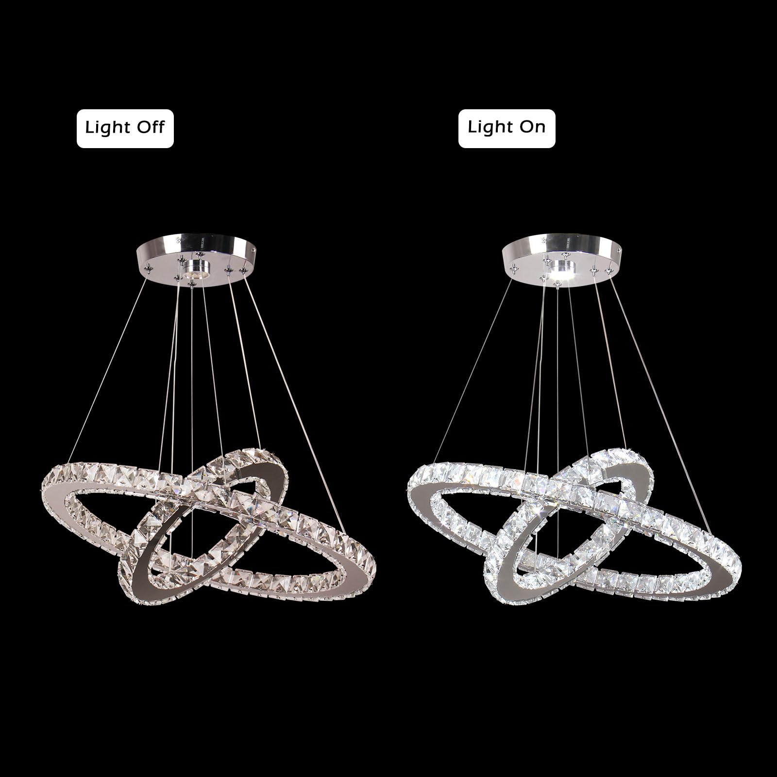 Finktonglan Lampadario LED Moderno a Sospensione in Cristallo, 2 Anelli Regolabili Ø30/50cm, Plafoniera Elegante per Soggiorno, Sala da Pranzo, Camera da Letto, Corridoio (Bianco Freddo)