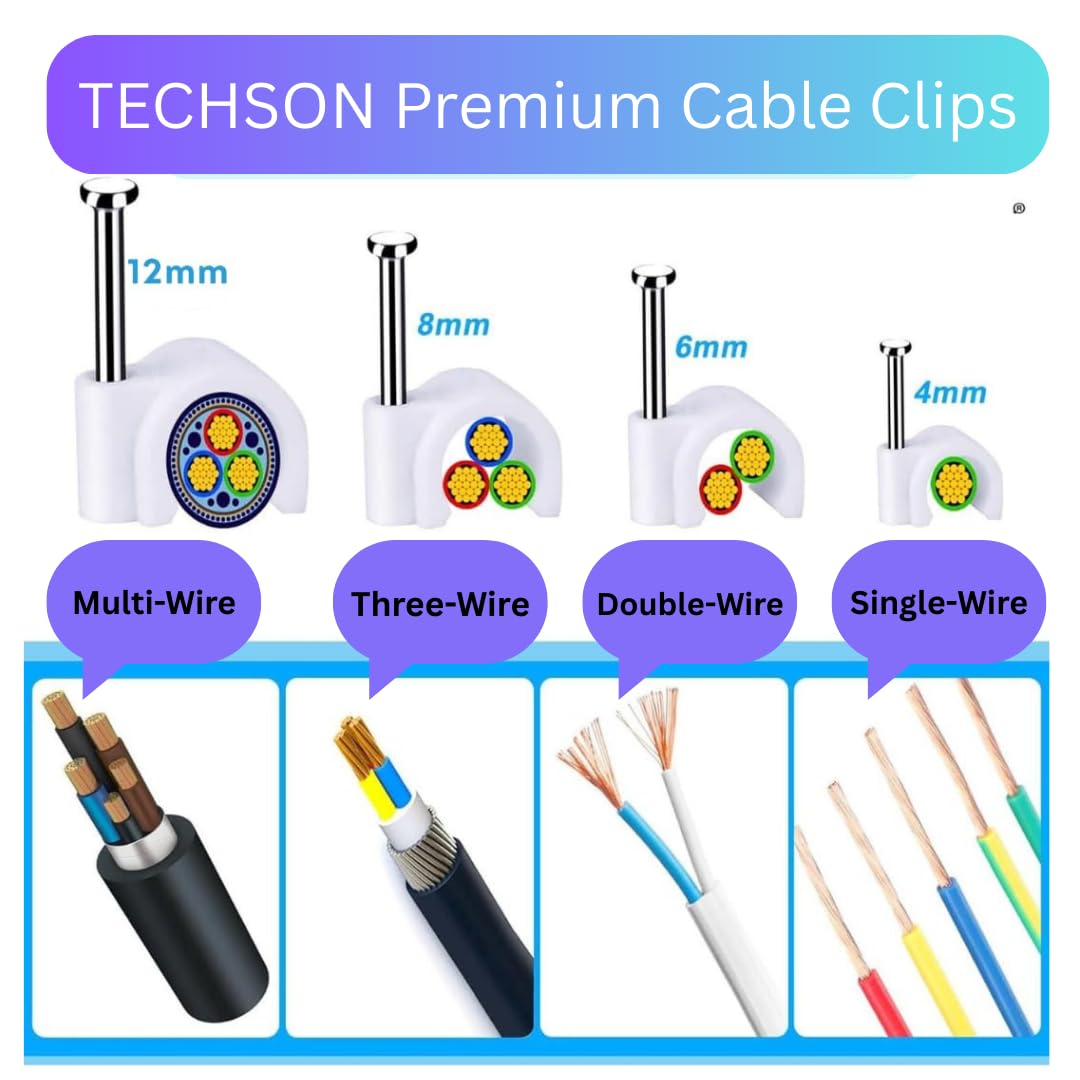 TECHSON Cable Clips (4mm+6mm)200pcs Wire Fastener Wall Pins with Metal Nails for Cable Management, Cord Organizer, Round Wire Clamps for Hanging Cables Fitting on wall