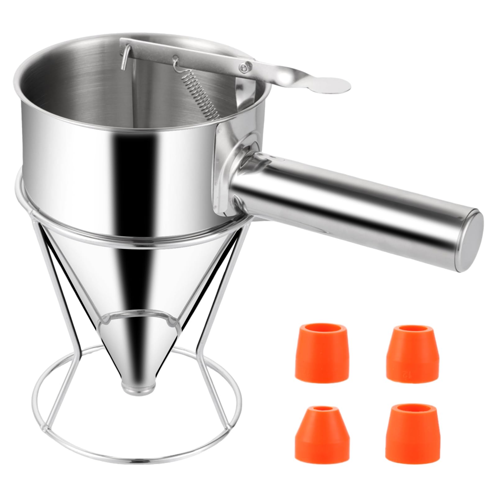 Embudo Dosificador de Masa Acero Inoxidable 1200ml, Dispensador de Tortitas con 4 Boquillas y Soporte para Pancakes, Repostería