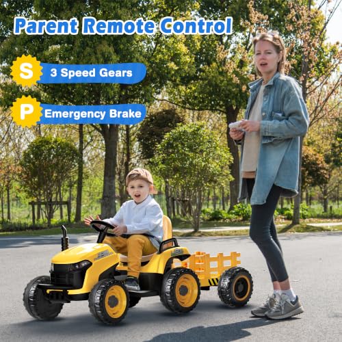 Image of ARBELI 24V Ride On Tractor w /2.4G Remote Control, Tiltable Trailer, Yellow
