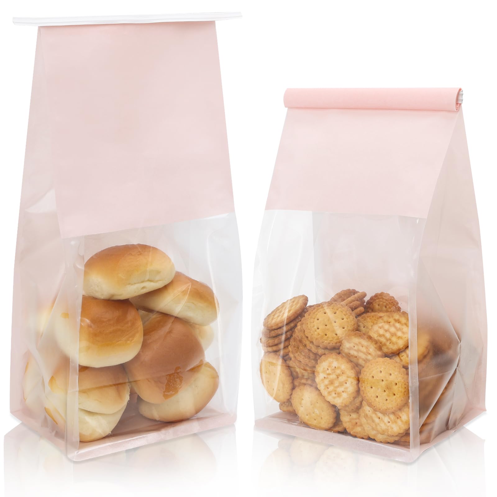 Funcoo 50 pcs Bakery Bags with Window, 5.1x3.9x11 Inches Pink Paper Bread Bags, Tin Tie Tab Lock Cookie Bag Food Storage Bag for Snacks, Popcorn,