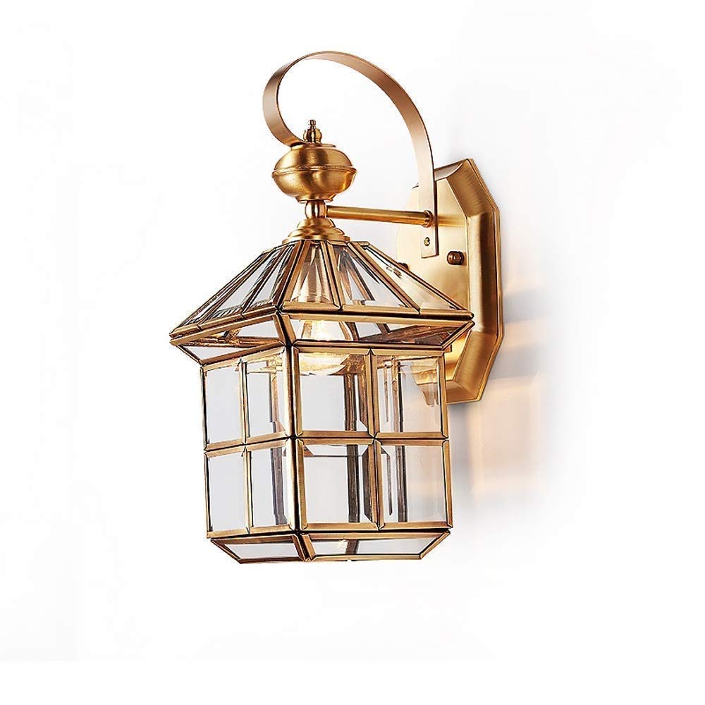 HPTHLY Wall Mounted Light Outdoor Copper Fixture Traditional Outdoor Waterproof Glass Wall Light Antique Patio Exterior Decoration Wall Lantern Fence Brass O