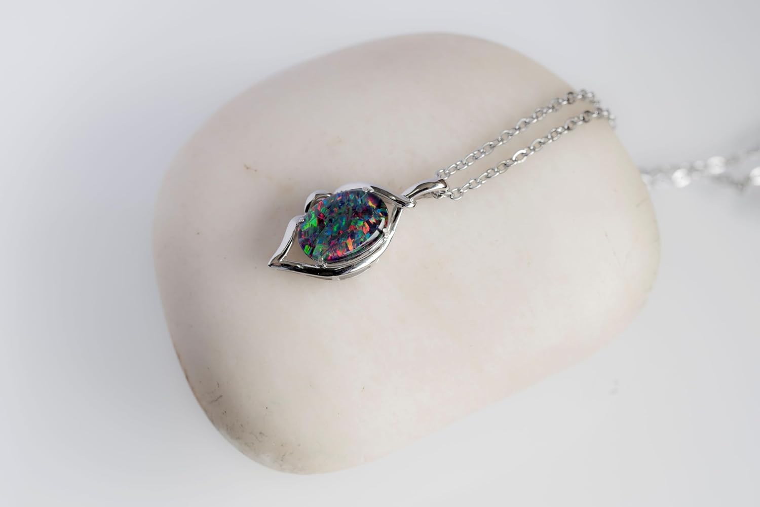 Australian Triplet Opal Necklace - 14x10mm FireOpal - Genuine Triplets Opal Necklace Pendant in Sterling Silver White Gold Plated Women's Jewelry