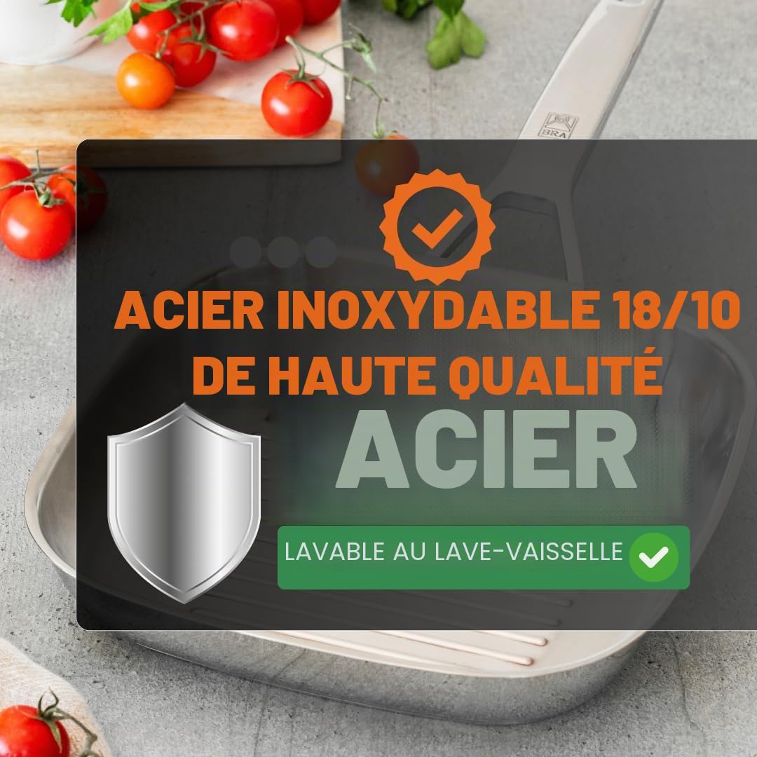 BRA Signature | Gril à rayures de 28 cm, acier inoxydable | sans revêtement antiadhésif, poignée ergonomique, compatible avec tous types de feux