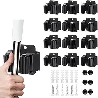 JAMEND CLXP 12PCS Heavy Duty Stainless Steel Broom Mop Holder - Wall Mounted Garden Tool Organizer for Rakes Shovels, Matte Black