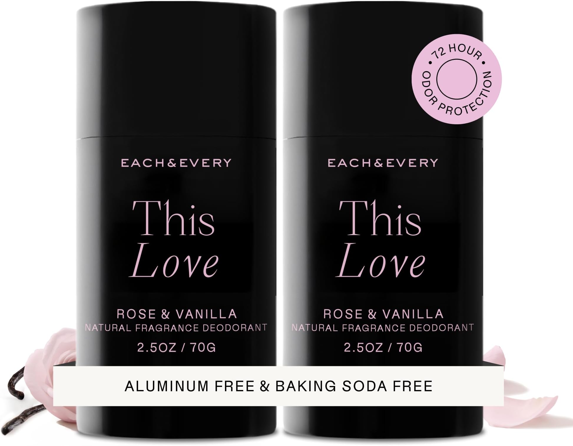 Each & Every Aluminum Free Deodorant for Women & Men – Natural Fragrance All Day Odor Protection, Non-Toxic Deodorant for Sensitive Skin, EWG Verified, Baking Soda Free - Rose & Vanilla 2 Pack, 2.5oz