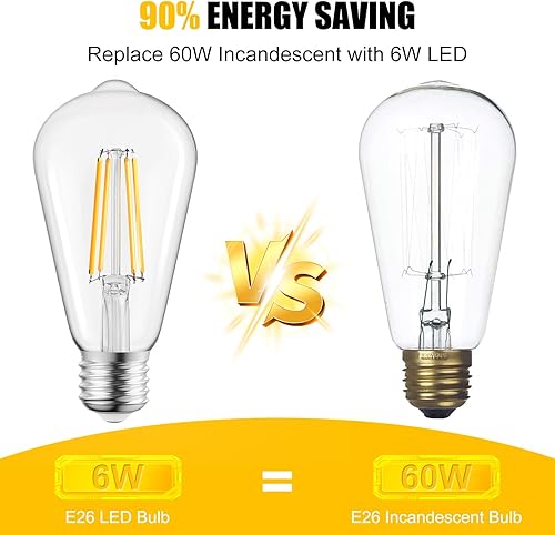 Miniatura 5 de Brightown Paquete de 6 bombillas LED Edison, 6 W, equivalente a 60 W, alto brillo blanco cálido de 2700 K, 750 lúmenes, no regulables, bombillas de