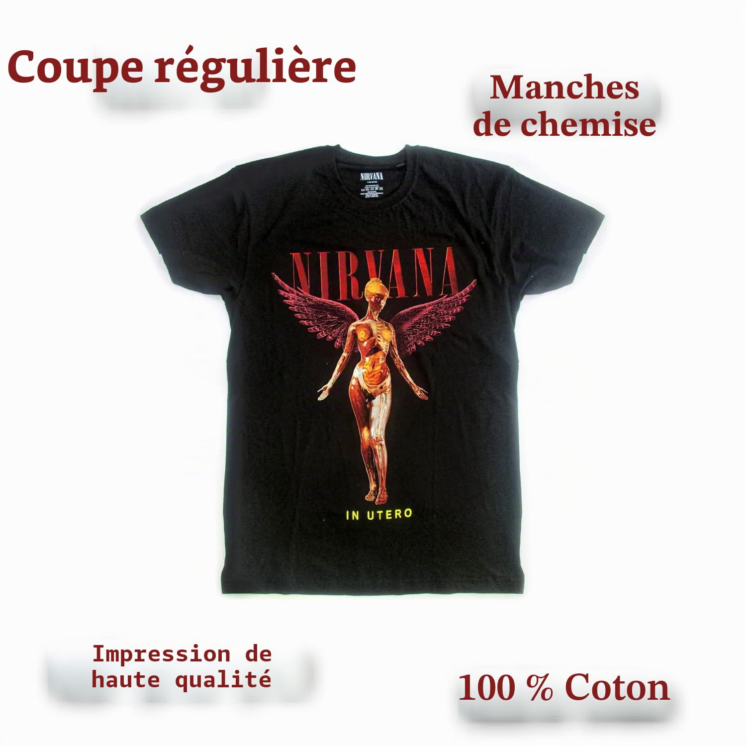 Nirvana in Utero T-Shirt Officiel Rock T-Shirt Noir Coton Unisexe Adulte Garçon.