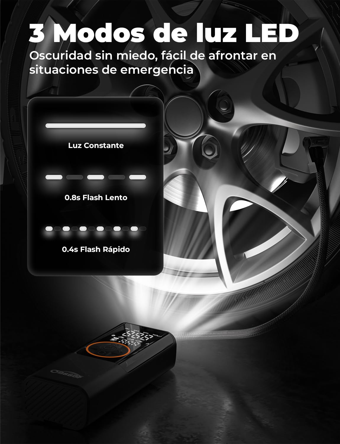 Oasser Compresor Aire Portatil 6000mAh 150PSI Inflador Ruedas Coche Pequeño Pantalla LCD Doble Visualización Cable Encendedor 3M Parada Automática Bolsa Almacenamiento para Coche Moto Bicicleta Bola