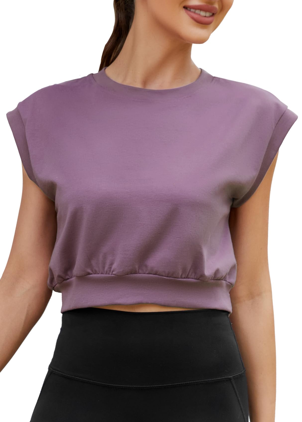 Mippo Camiseta corta de entrenamiento para mujer, ajuste holgado, manga casquillo, atlética, gimnasio, yoga