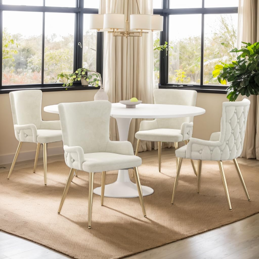 Juego de 4 sillas de comedor de terciopelo, lujosas sillas acolchadas con patas de metal doradas, para salón, dormitorio, elegante, beige