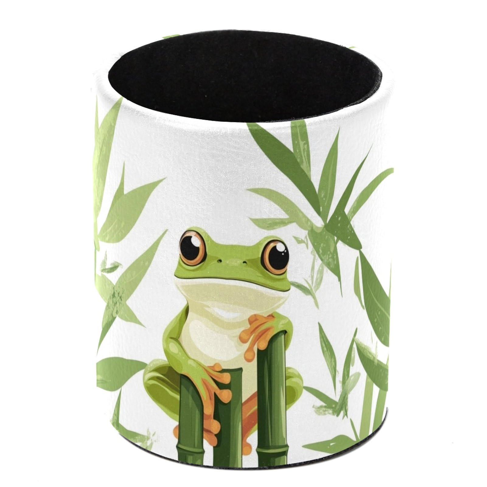 FWJZDSP Leather Pen Holder for Desk, Curious Frog with Bamboos Pencil Cup Desktop Organizer Makeup Brush Holders Office Supplies for Home & School