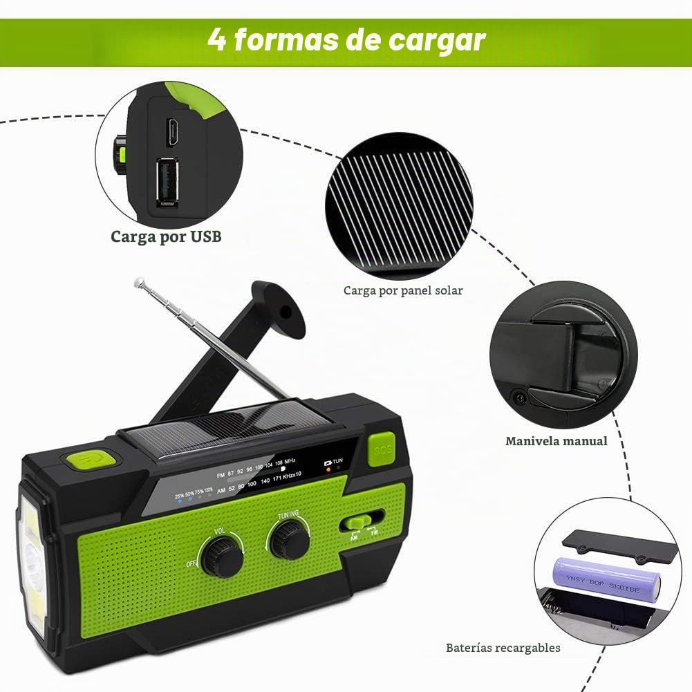 Nigecue - Radio Solar portátil con Dinamo y Radio Am/FM, batería Recargable incorporada de 4000 mAh, Linterna LED 4 Modos, lámpara Lectura Sensor Movimiento, Alarma Emergencia para Exteriores