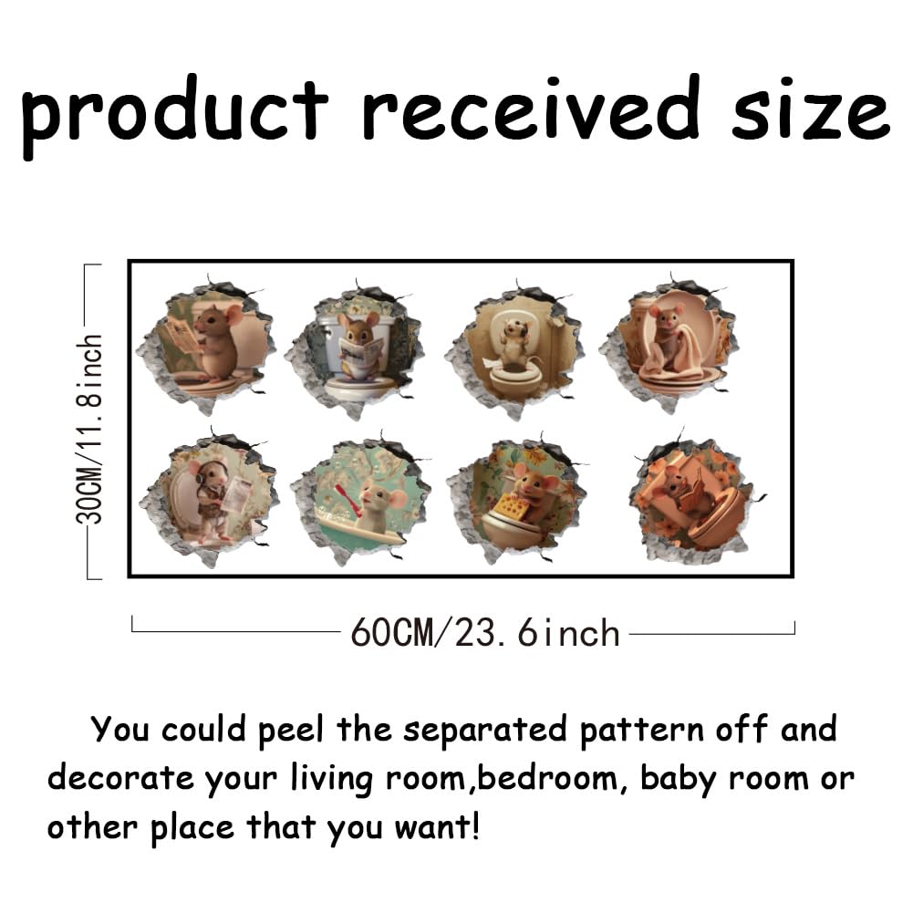 SUPERDANT 3D Rat Toilet Wall Sticker 3D Mice Cracked Wall Decals 3D Mice Bathroom Peel and Stick Vinyl Wall Art Decor 3D Mice Stickers Decals for Bathroom Toilet Kids Room Wall Decor 60x30cm