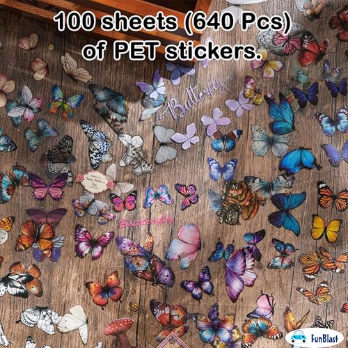 Image of FunBlast Self Adhesive 640Pcs /100 Sheets, Aesthetic Butterfly Stickers, Retro Decorative Sticker's for Scrapbook, Japanese Style Sticker's for Project, Journals, Scrapbooking (C)